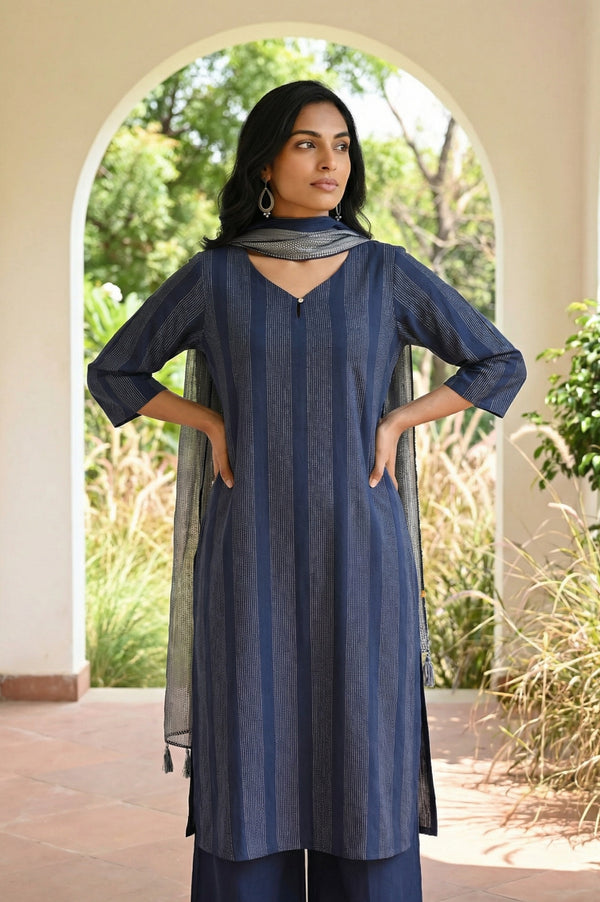 Navy Blue Yarn Dyed Striped Pure Cotton Stole