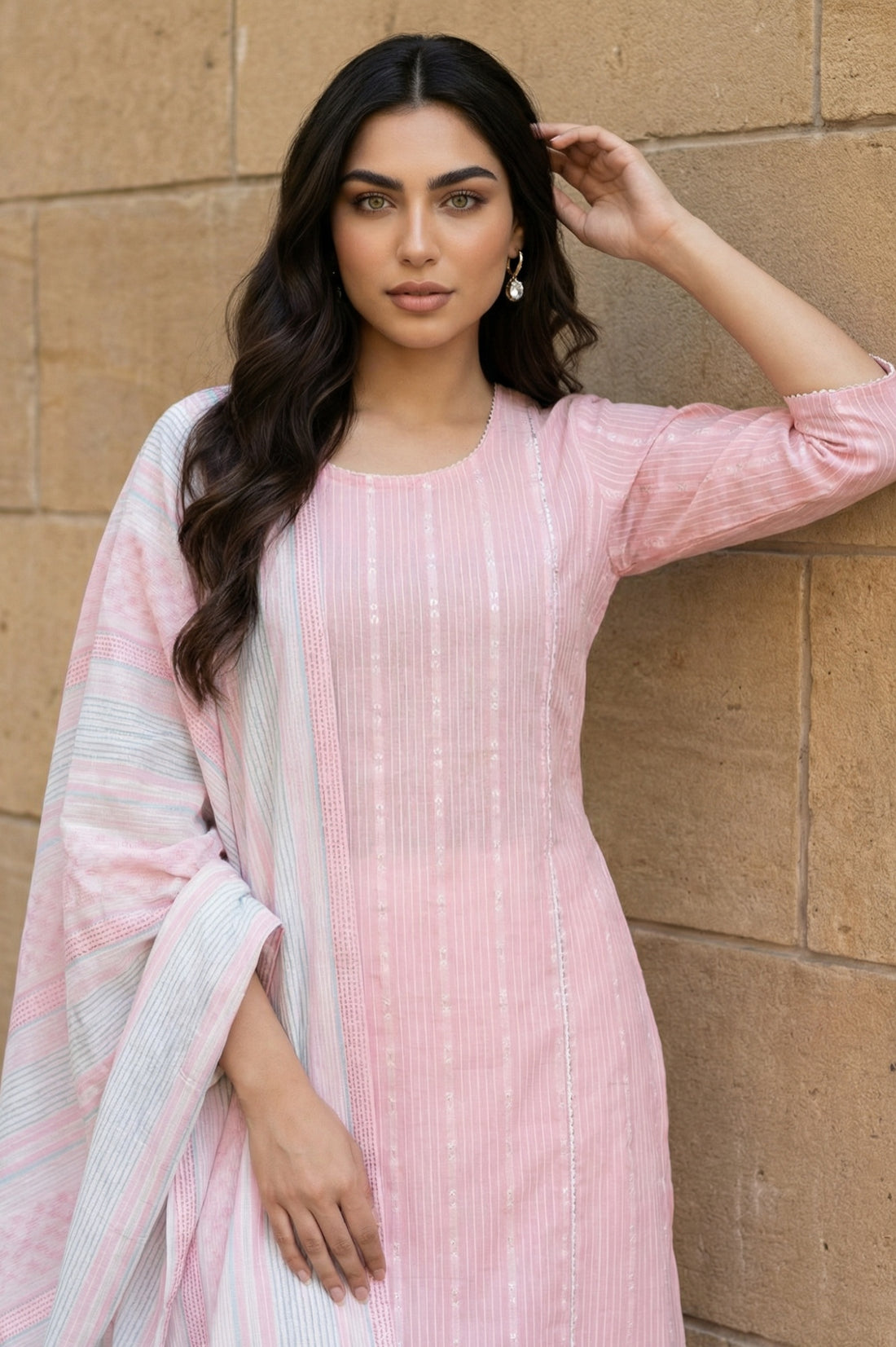 Pink Yarn Dyed Striped Cotton Blend Dupatta