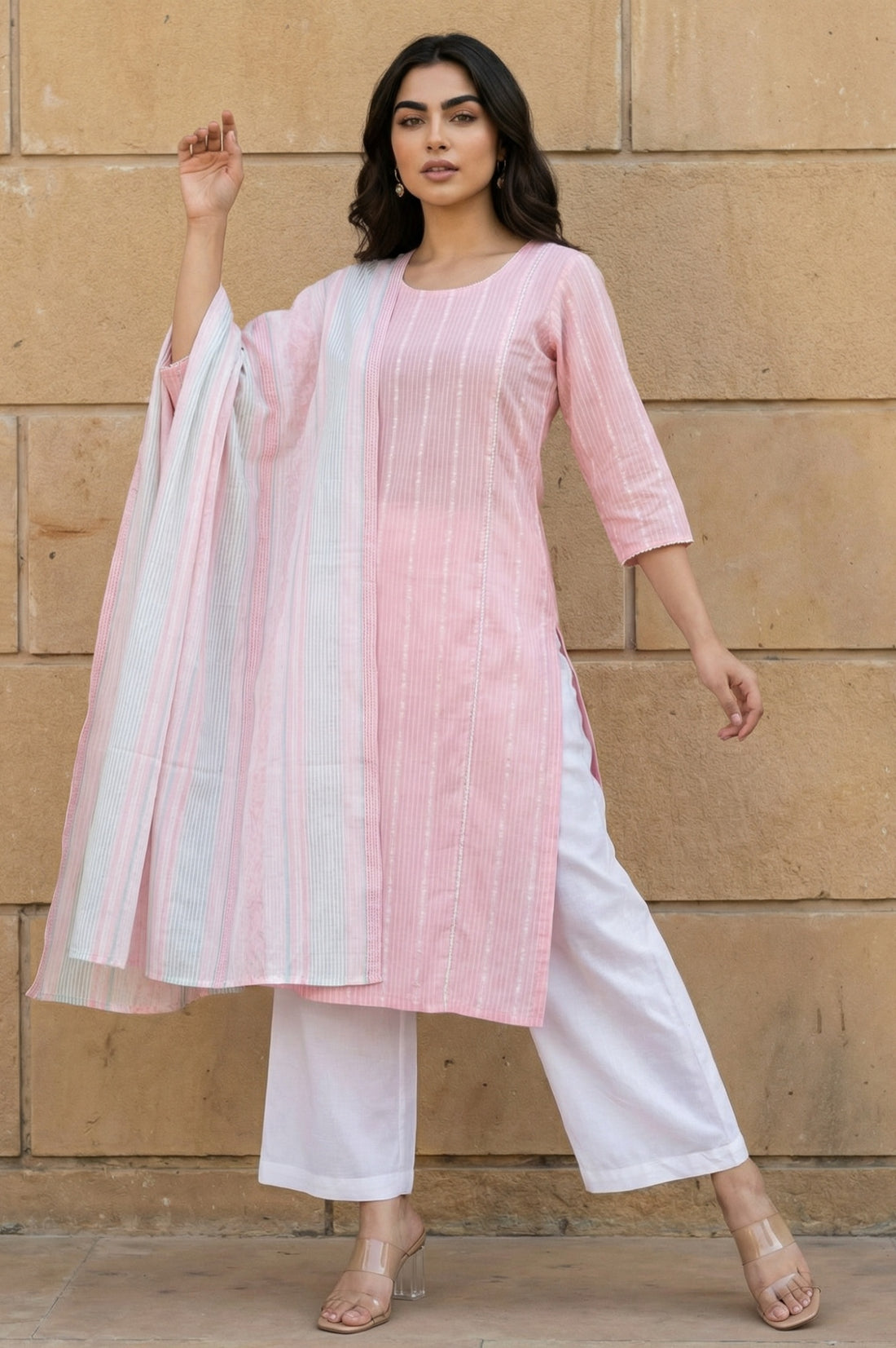 Pink Yarn Dyed Striped Cotton Blend Dupatta