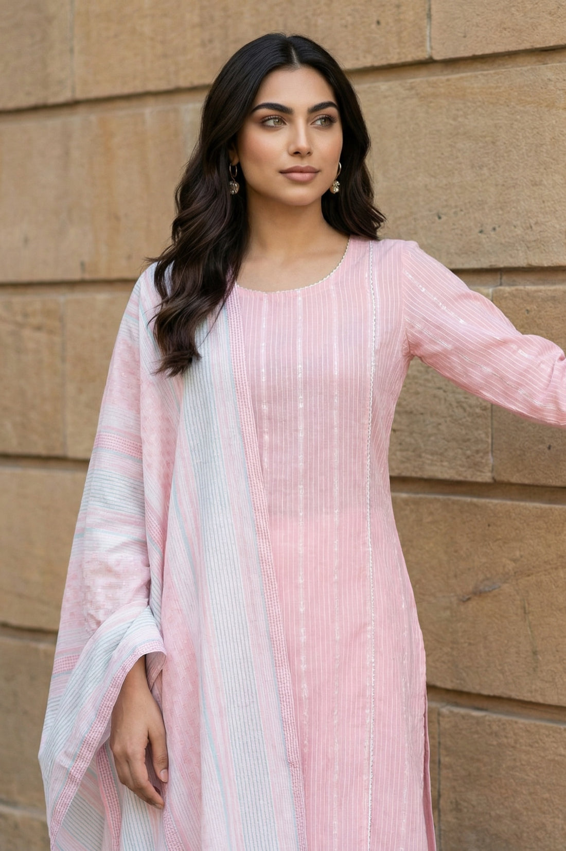 Pink Yarn Dyed Striped Cotton Blend Dupatta