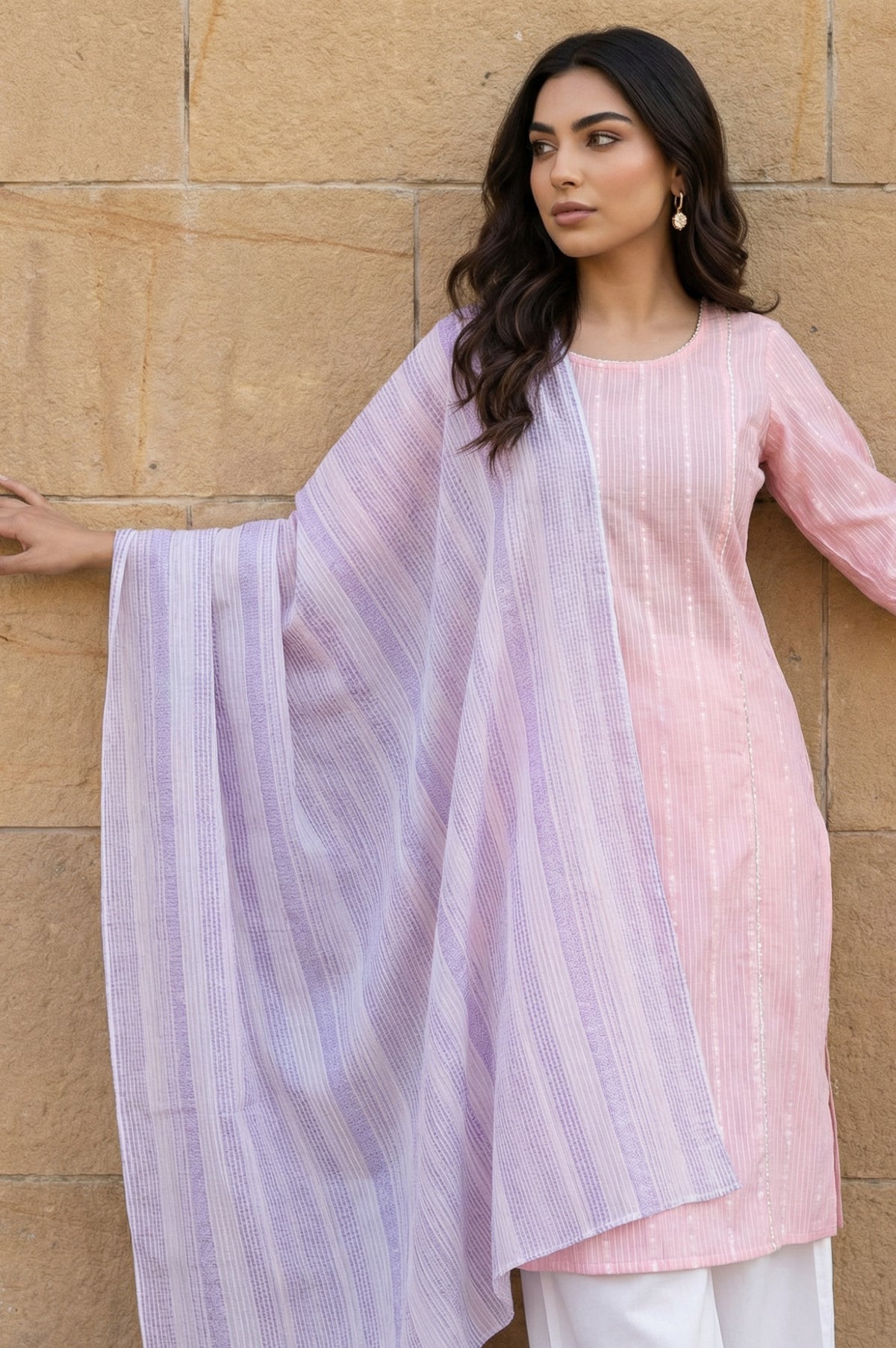 Lavender Yarn Dyed Striped Cotton Blend Dupatta - FS