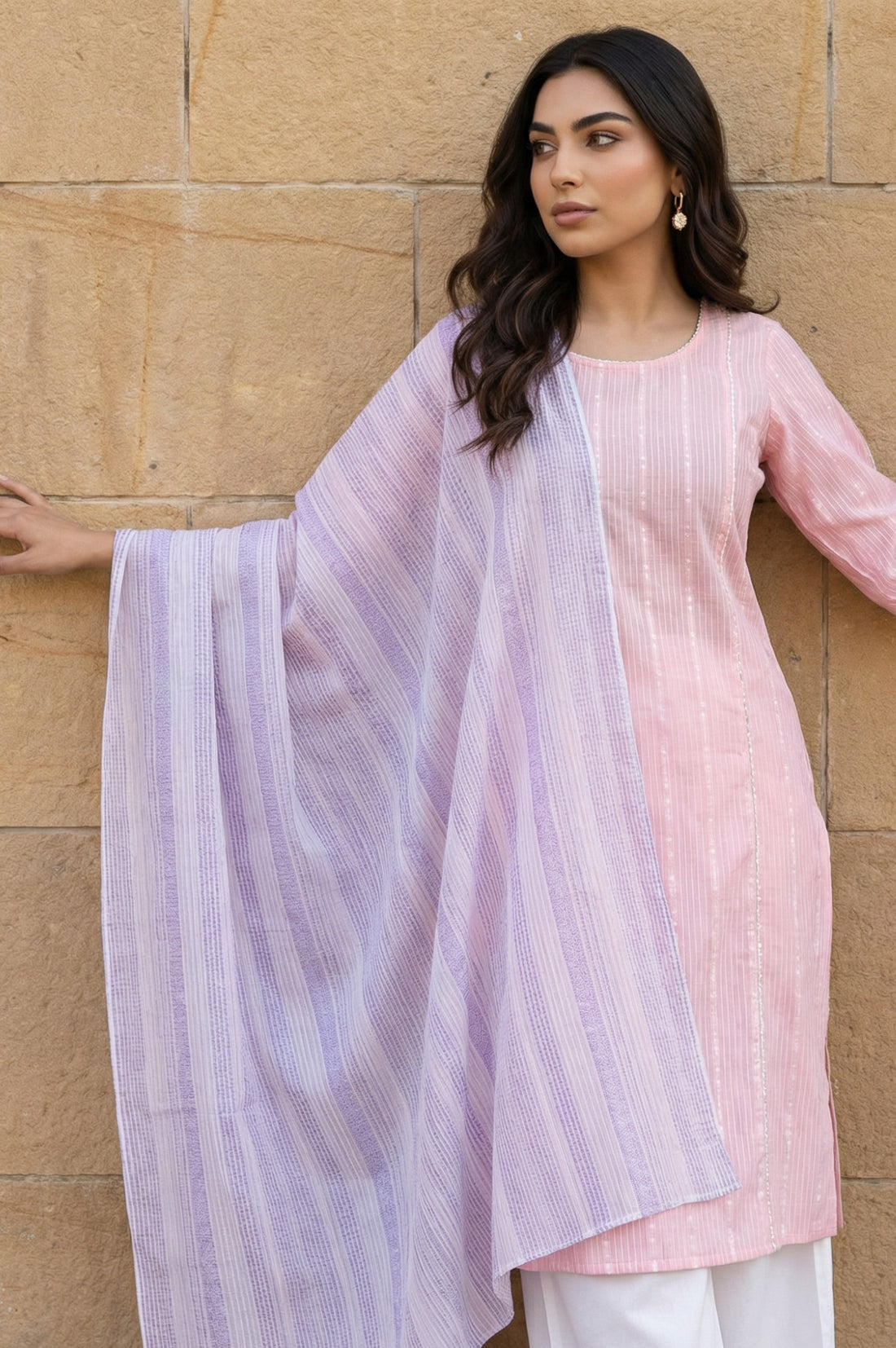 Lavender Yarn Dyed Striped Cotton Blend Dupatta