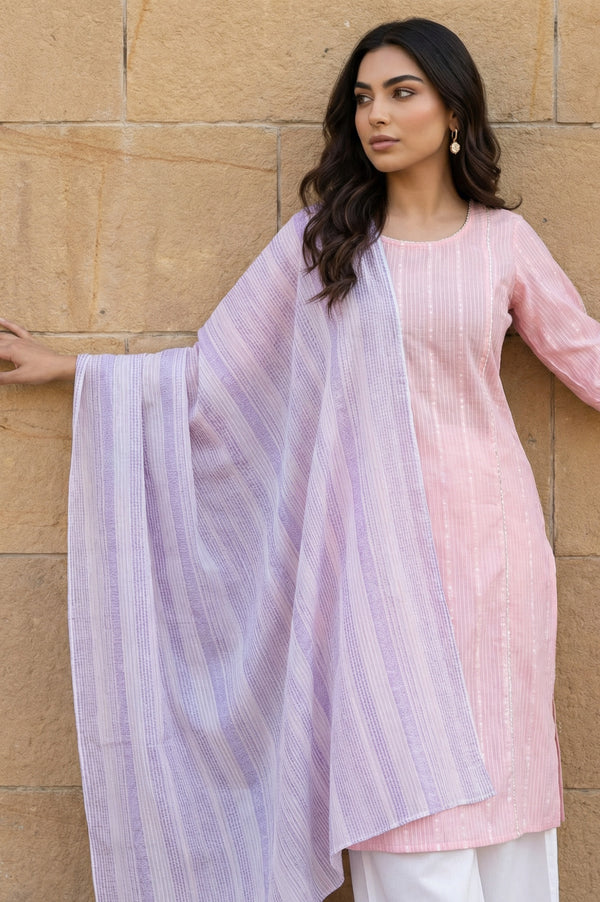 Lavender Yarn Dyed Striped Cotton Blend Dupatta