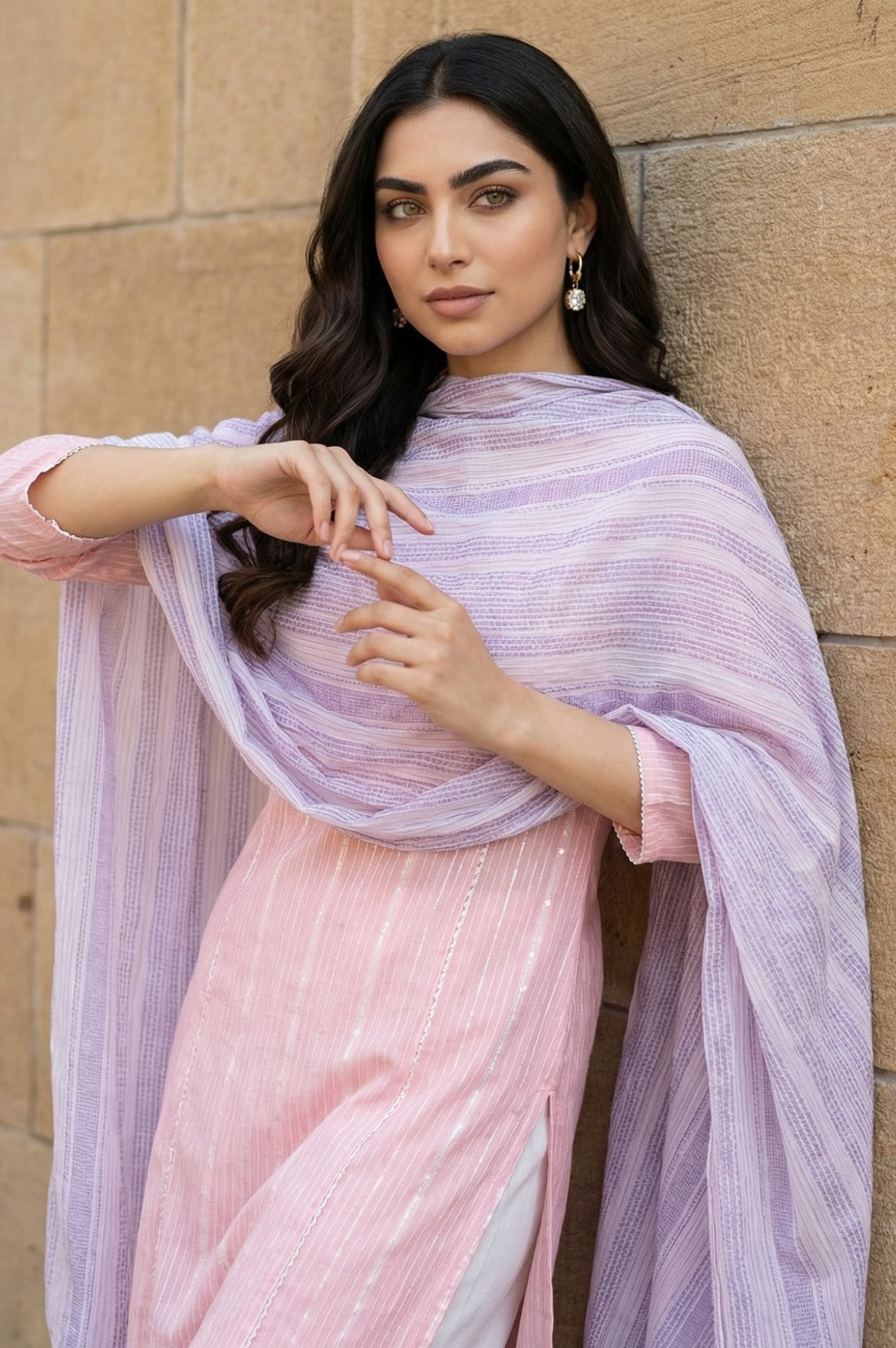 Lavender Yarn Dyed Striped Cotton Blend Dupatta
