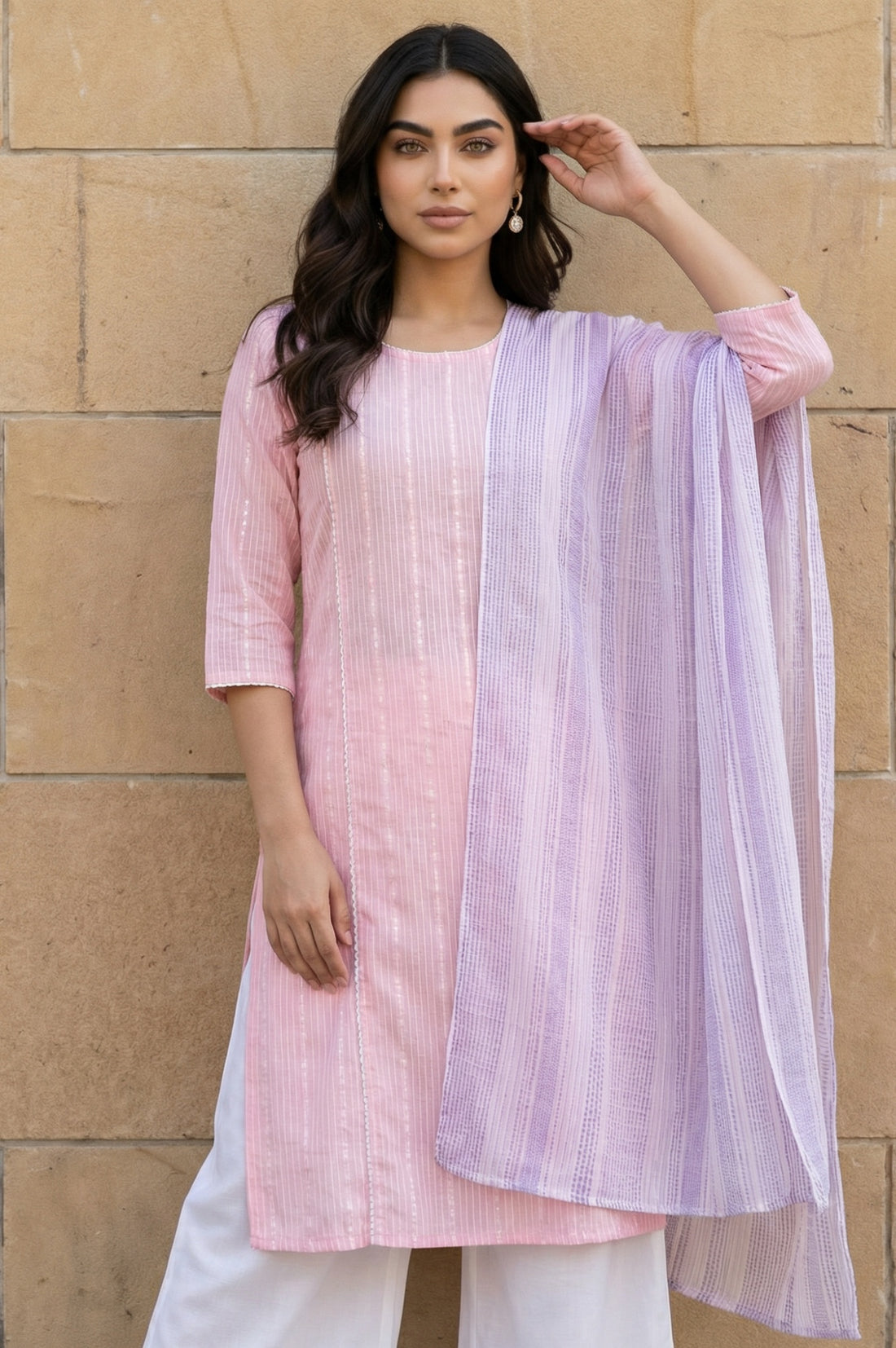 Lavender Yarn Dyed Striped Cotton Blend Dupatta
