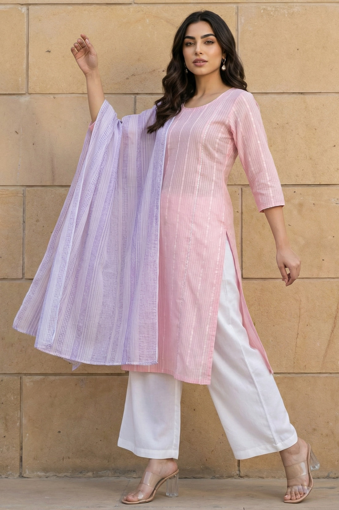 Lavender Yarn Dyed Striped Cotton Blend Dupatta