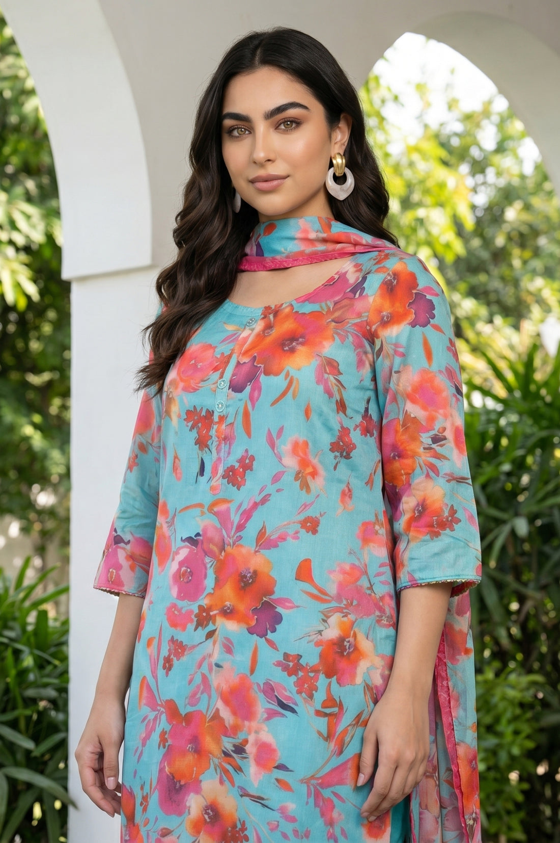 Turquoise Blue Floral Printed Stole