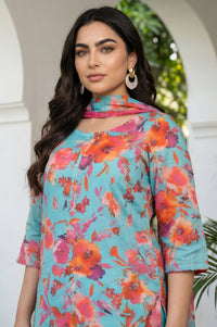 Turquoise Blue Floral Printed Stole