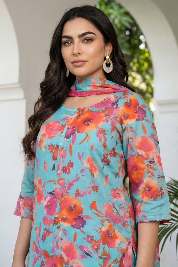 Turquoise Blue Floral Printed Stole