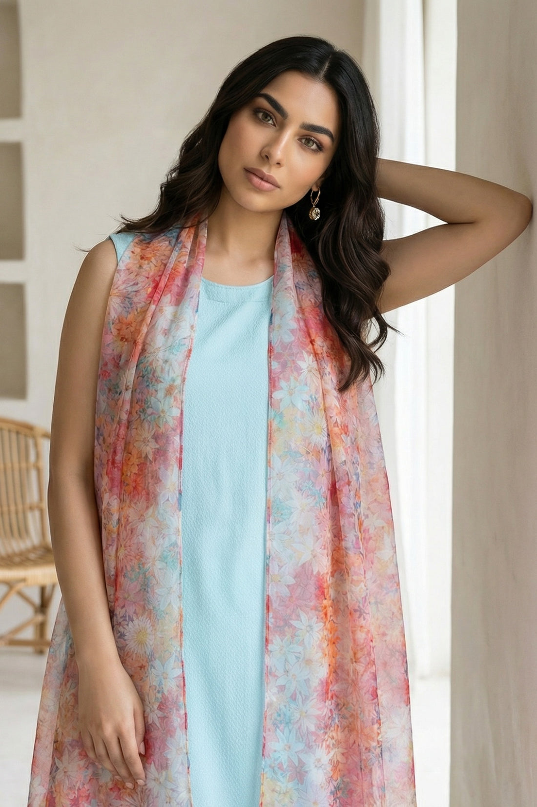 Multicolor Floral Printed Organza Dupatta