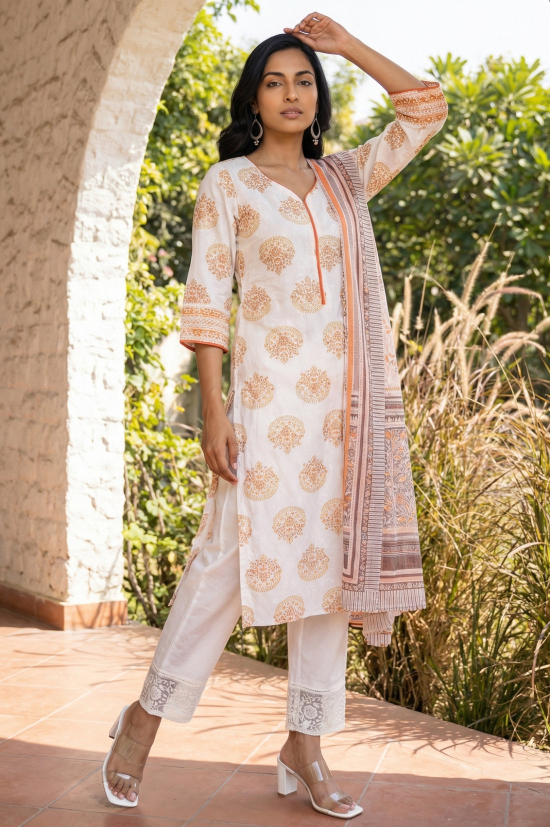 Off White Striped Pure Cotton Dupatta