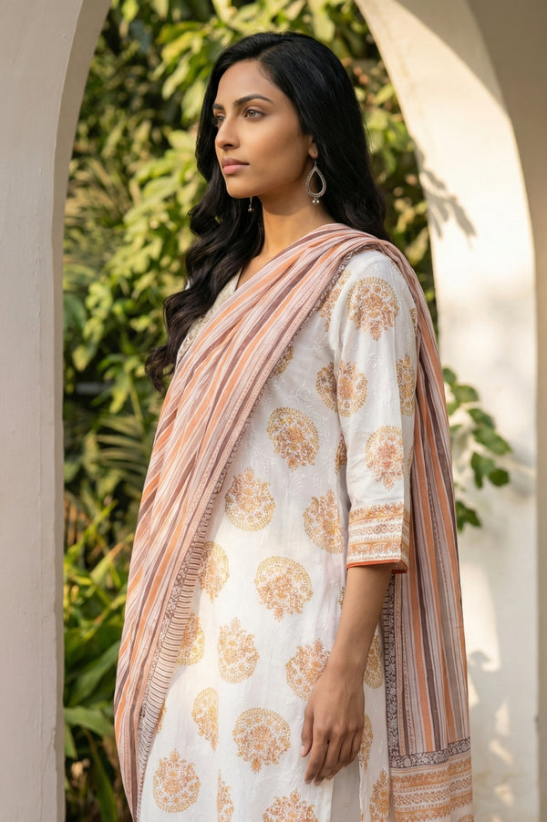 Off White Striped Pure Cotton Dupatta