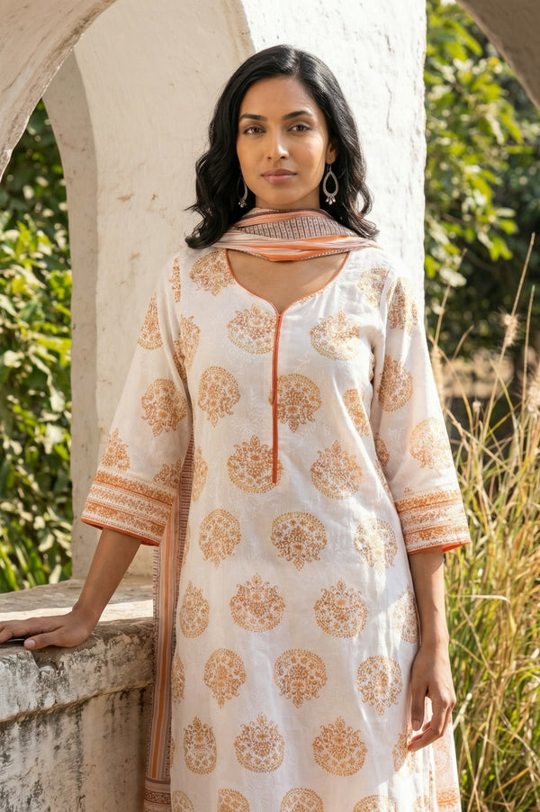 Off White Striped Pure Cotton Dupatta