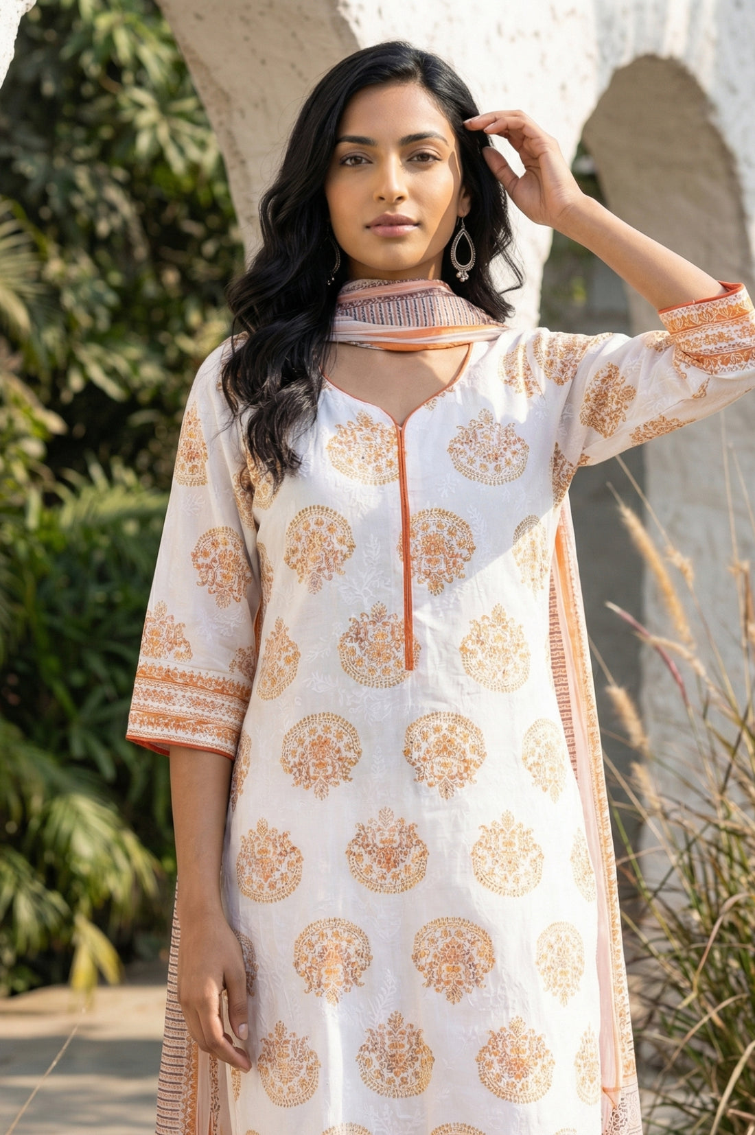 Off White Striped Pure Cotton Dupatta