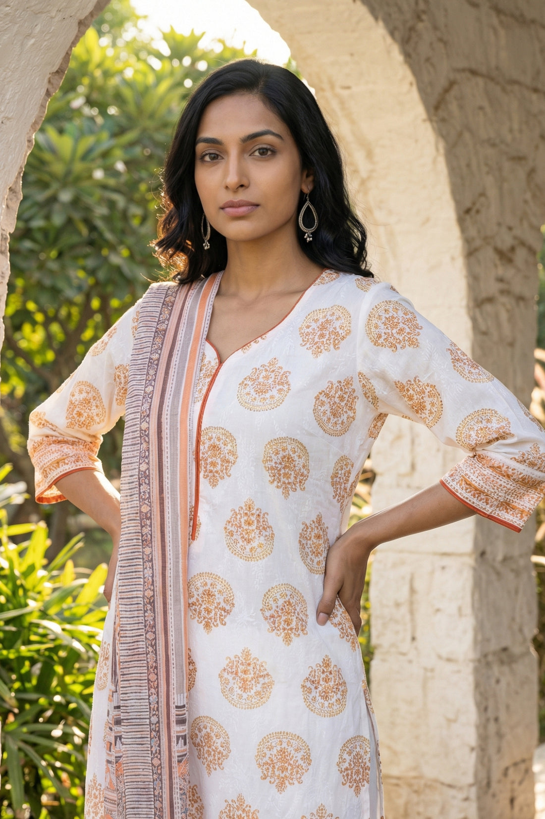 Off White Striped Pure Cotton Dupatta