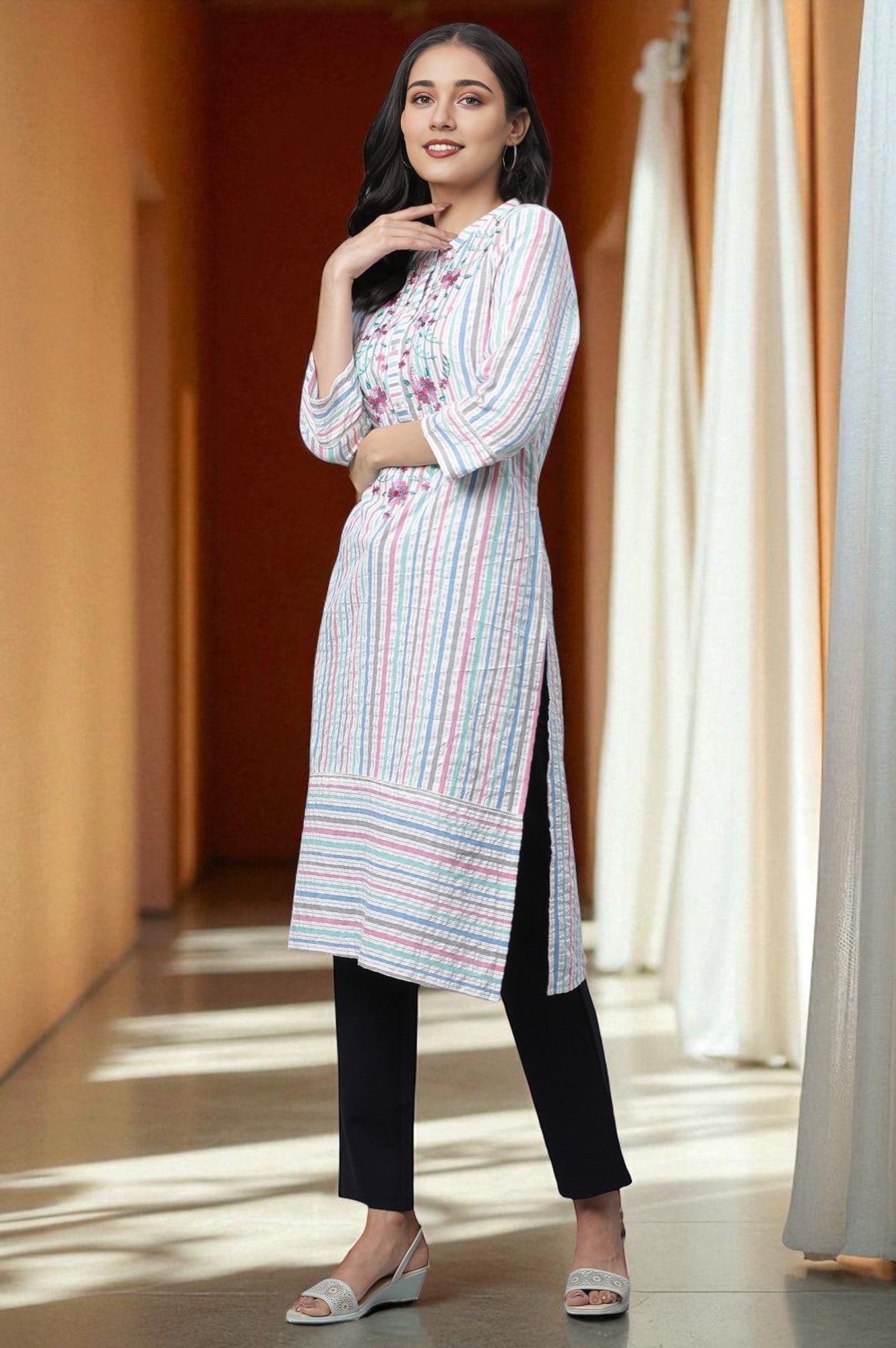 Multi-coloured Stripe Printed Seer Sucker Embroidered Kurta