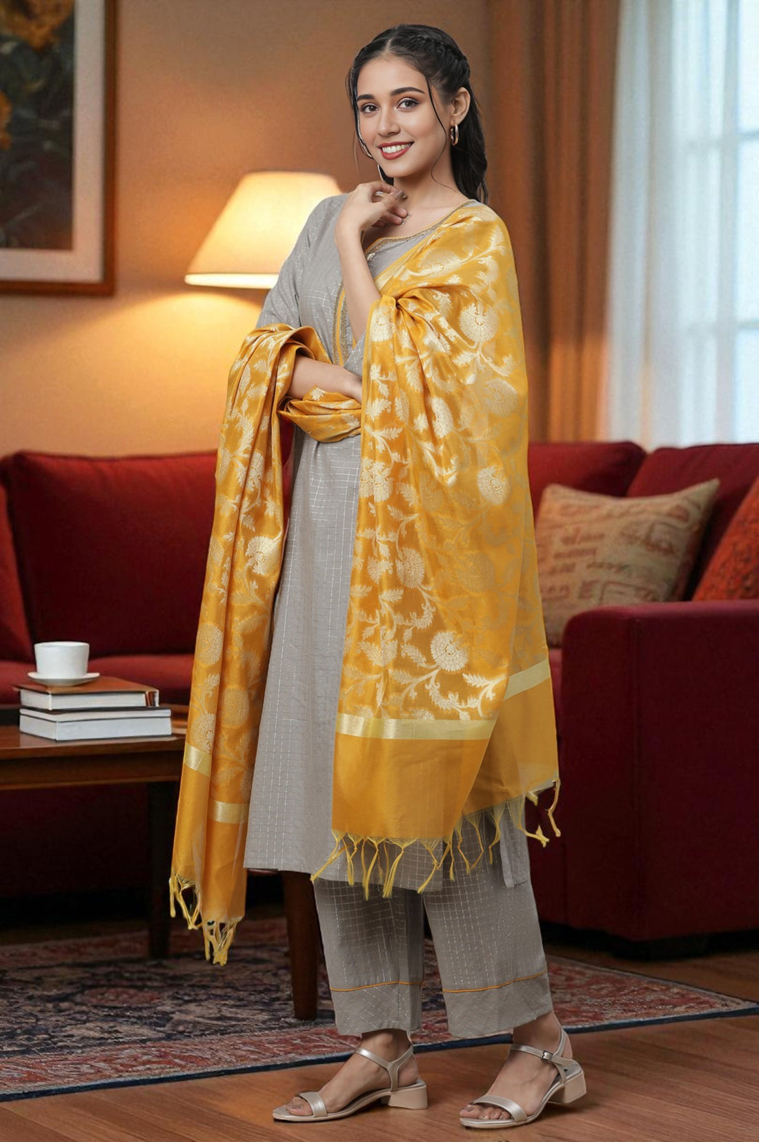 Grey Embellished Kurta, Pants &amp; Dupatta