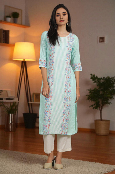 River Green Floral Printed Schiffli Embroidered Breezy Rayon Straight Kurta