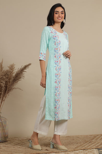 Blue Floral Printed Straight Kurta and Pants Co-ord Set