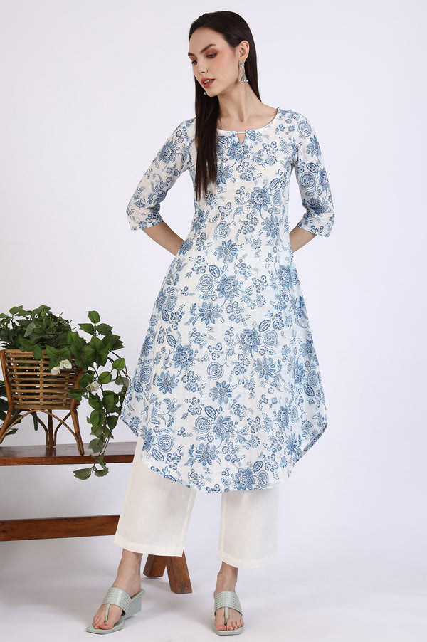 White Floal Printed Swiss Dot Cotton A-line Kurta and Trousers Set