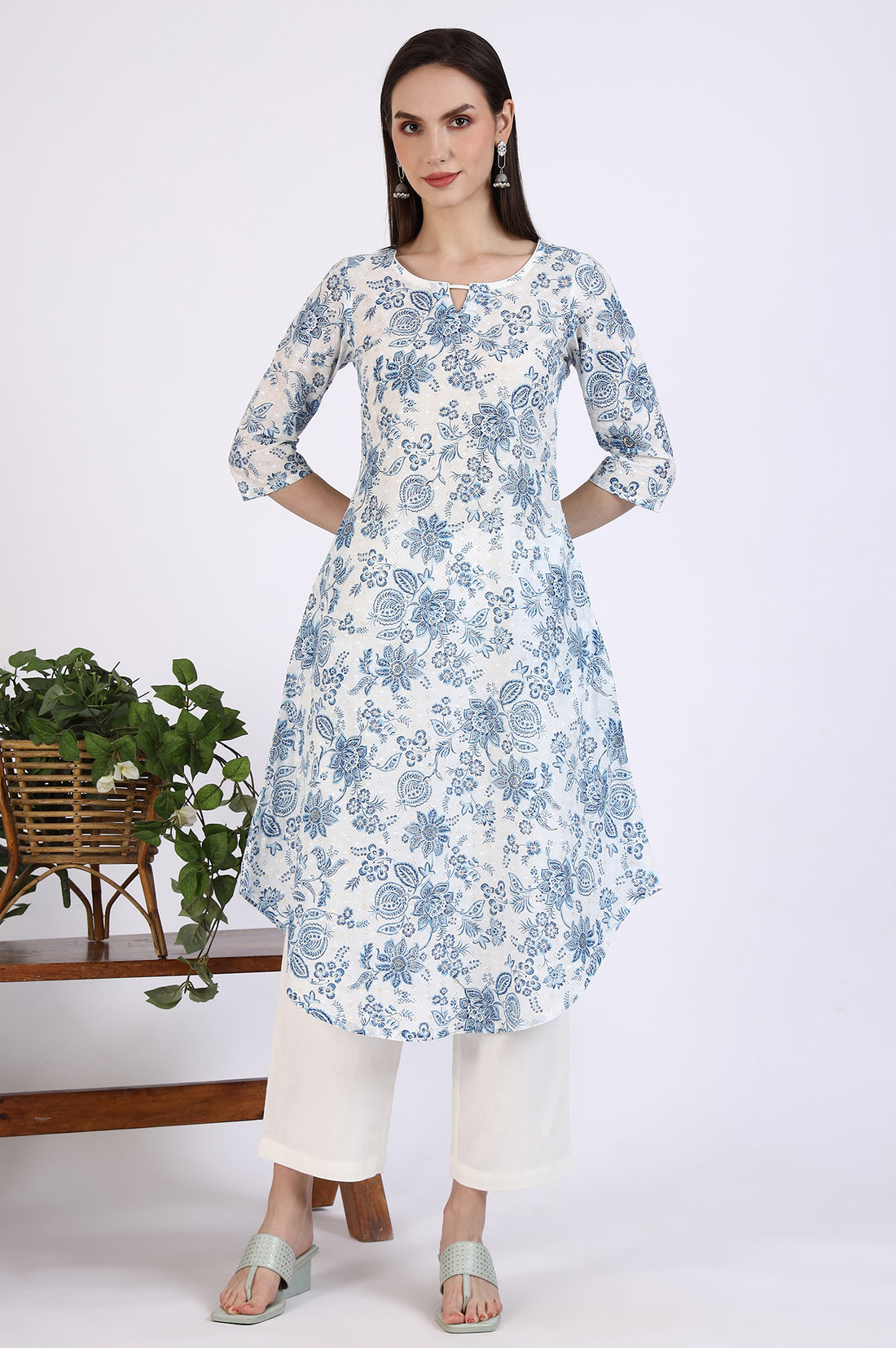 White Floal Printed Swiss Dot Cotton A-line Kurta and Trousers Set