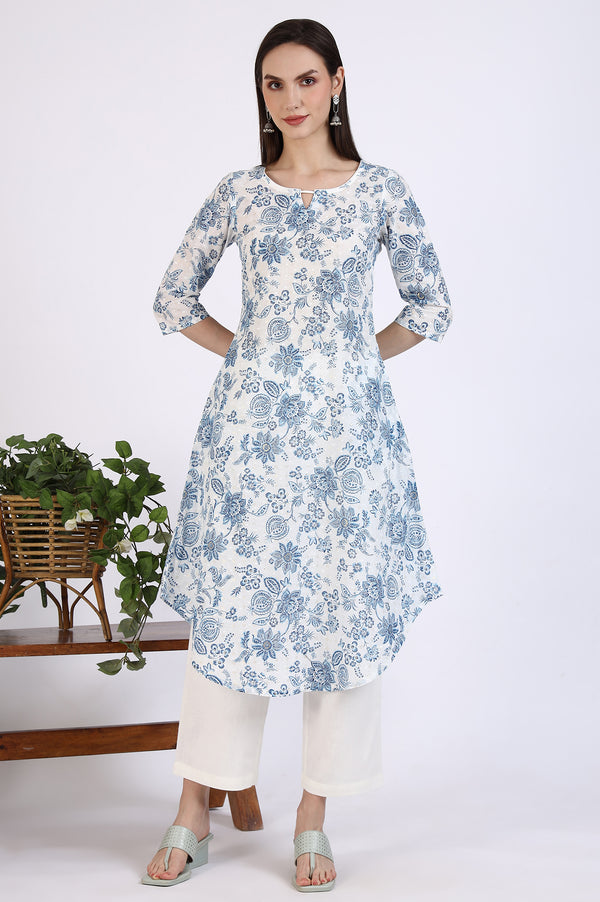 White Floal Printed Swiss Dot Cotton A-line Kurta and Trousers Set