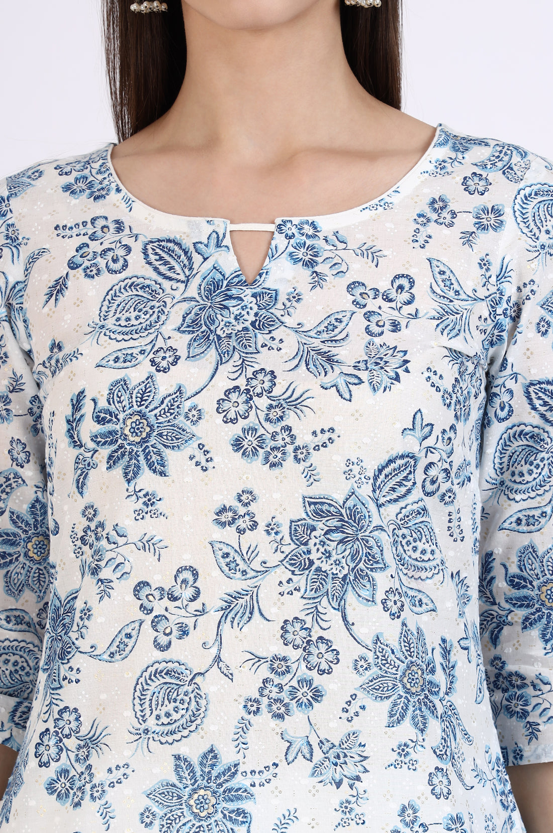 White Floal Printed Swiss Dot Cotton A-line Kurta and Trousers Set