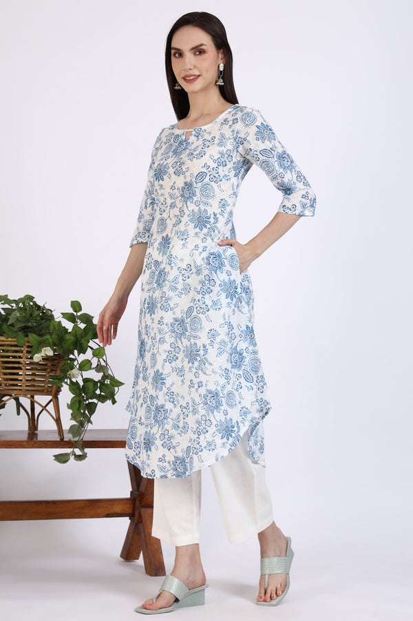 White Floal Printed Swiss Dot Cotton A-line Kurta and Trousers Set