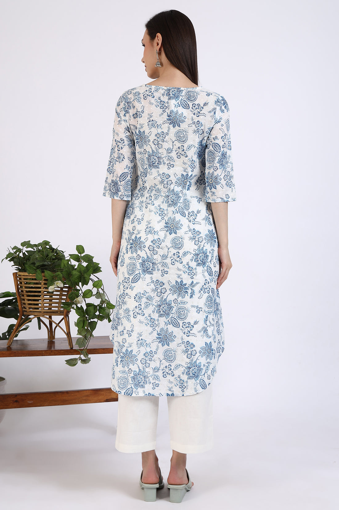 White Floal Printed Swiss Dot Cotton A-line Kurta and Trousers Set
