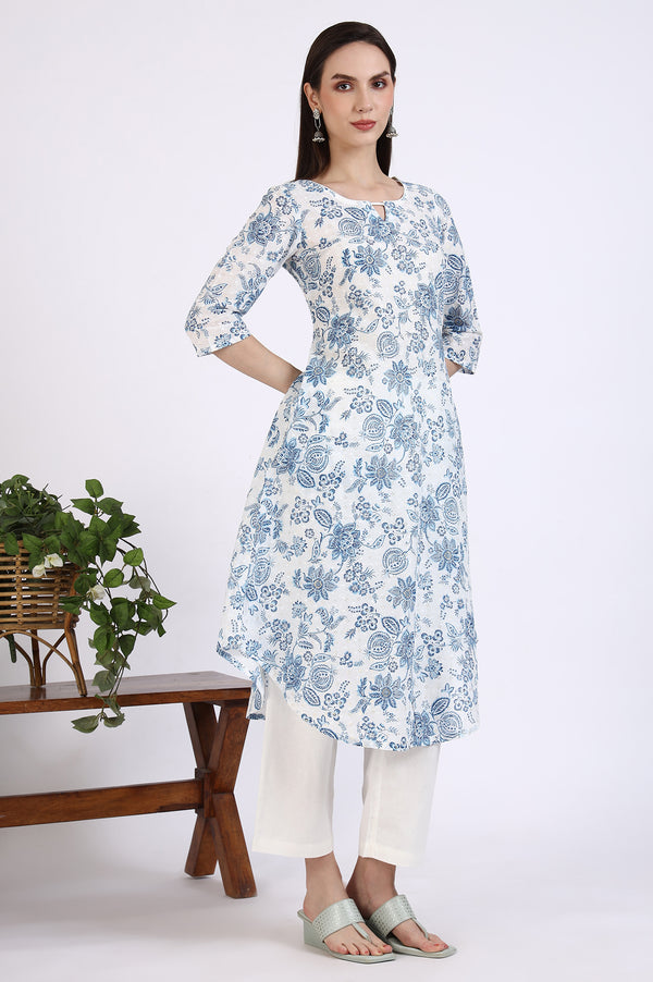 White Floal Printed Swiss Dot Cotton A-line Kurta and Trousers Set