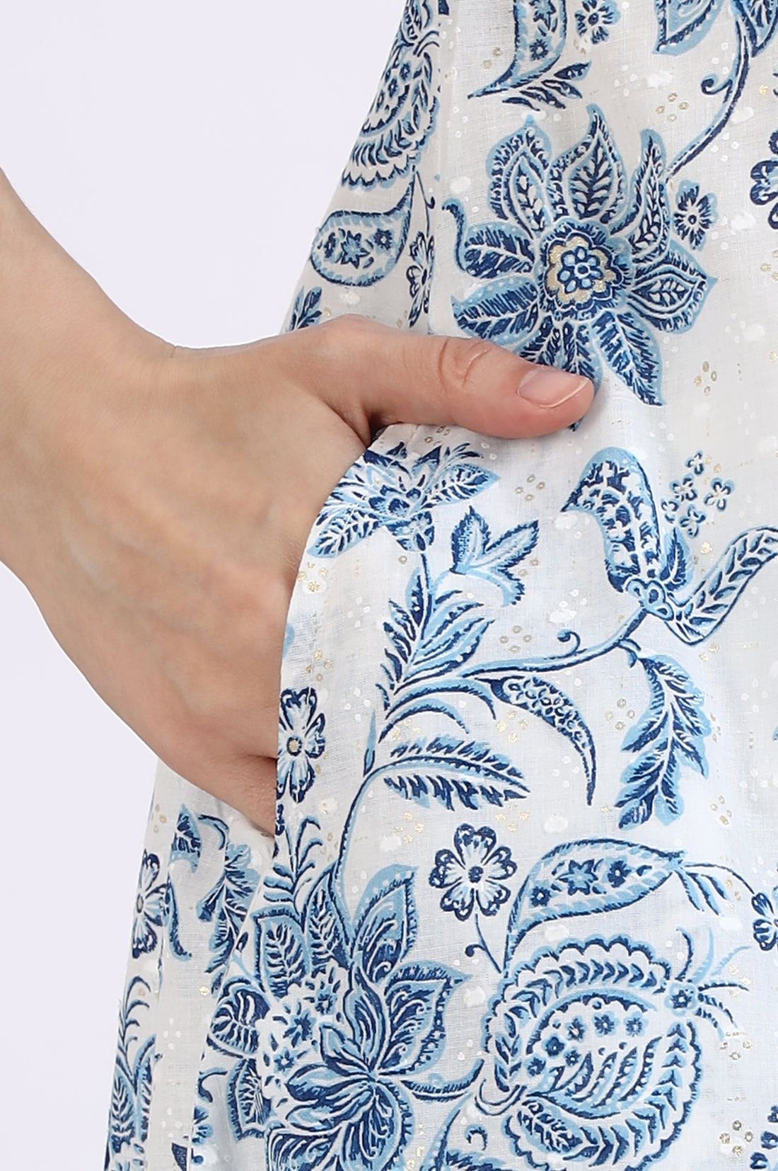 White Floal Printed Swiss Dot Cotton A-line Kurta and Trousers Set