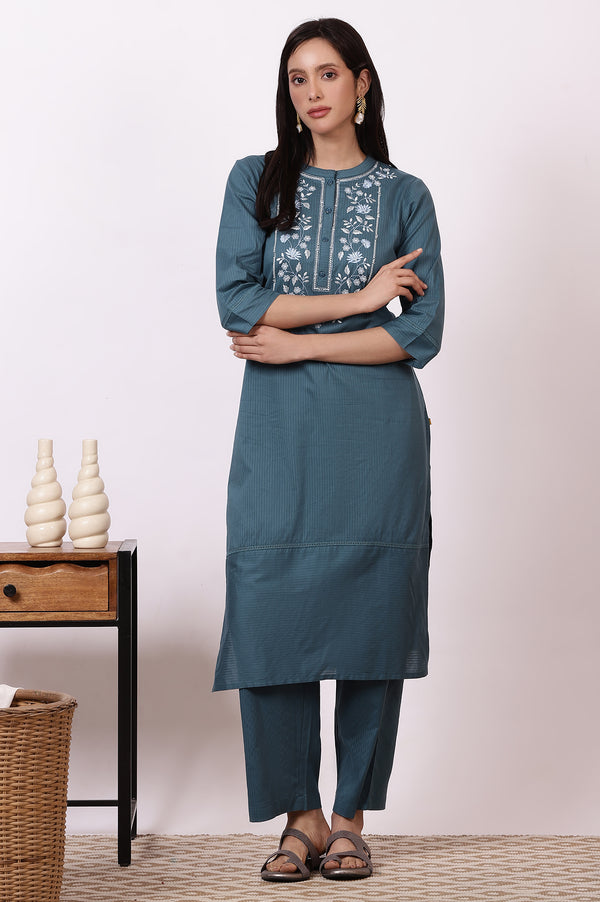 Blue Embroidered Yoke Pure Cotton Straight Kurta and Pants Set
