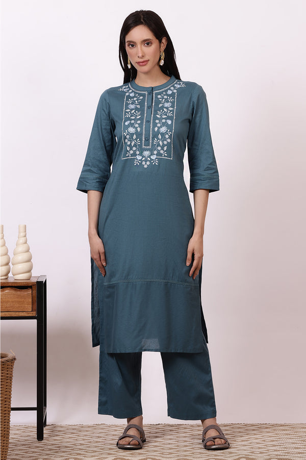 Blue Embroidered Yoke Pure Cotton Straight Kurta and Pants Set