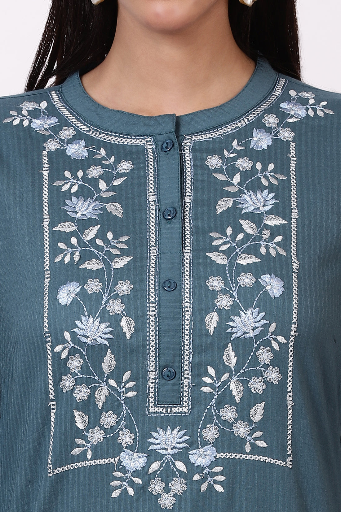 Blue Embroidered Yoke Pure Cotton Straight Kurta and Pants Set