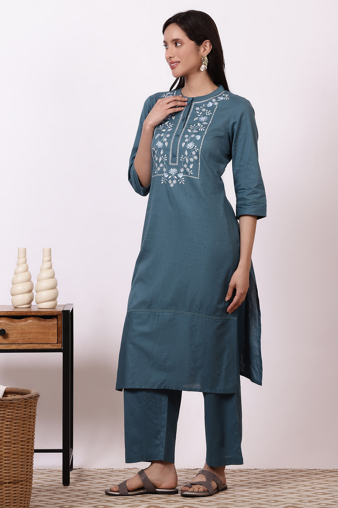 Blue Embroidered Yoke Pure Cotton Straight Kurta and Pants Set