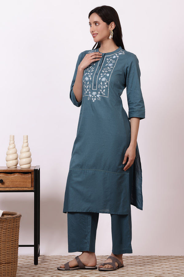 Blue Embroidered Yoke Pure Cotton Straight Kurta and Pants Set