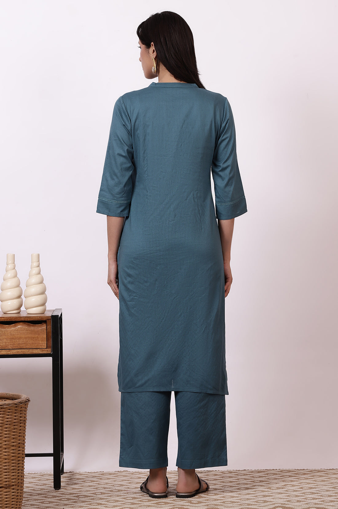 Blue Embroidered Yoke Pure Cotton Straight Kurta and Pants Set