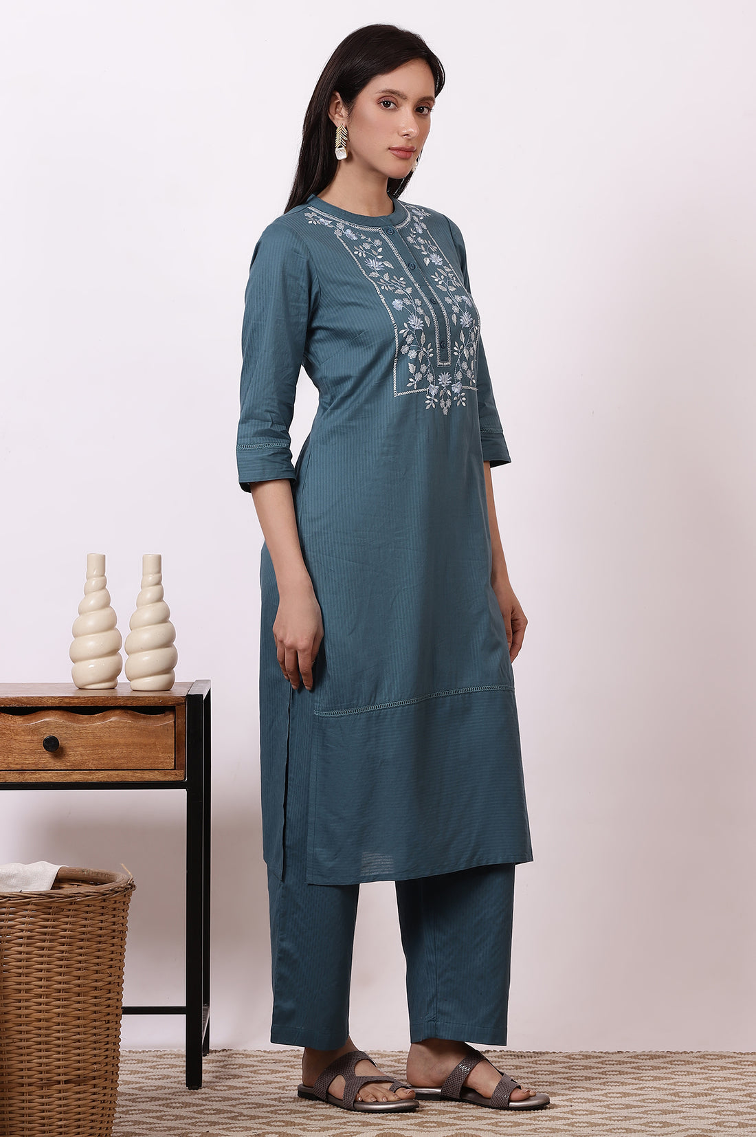 Blue Embroidered Yoke Pure Cotton Straight Kurta and Pants Set