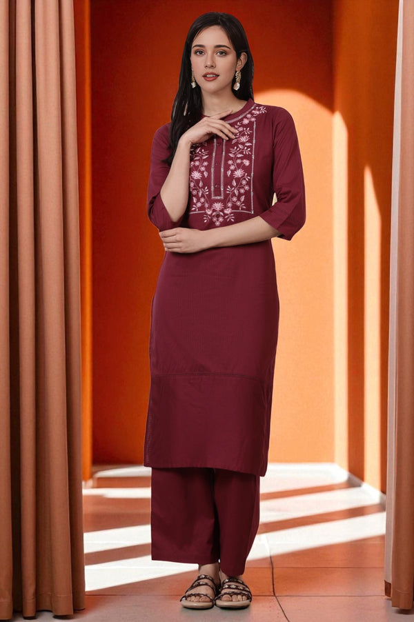 Maroon Embroidered Yoke Pure Cotton Straight Kurta and Pants Set