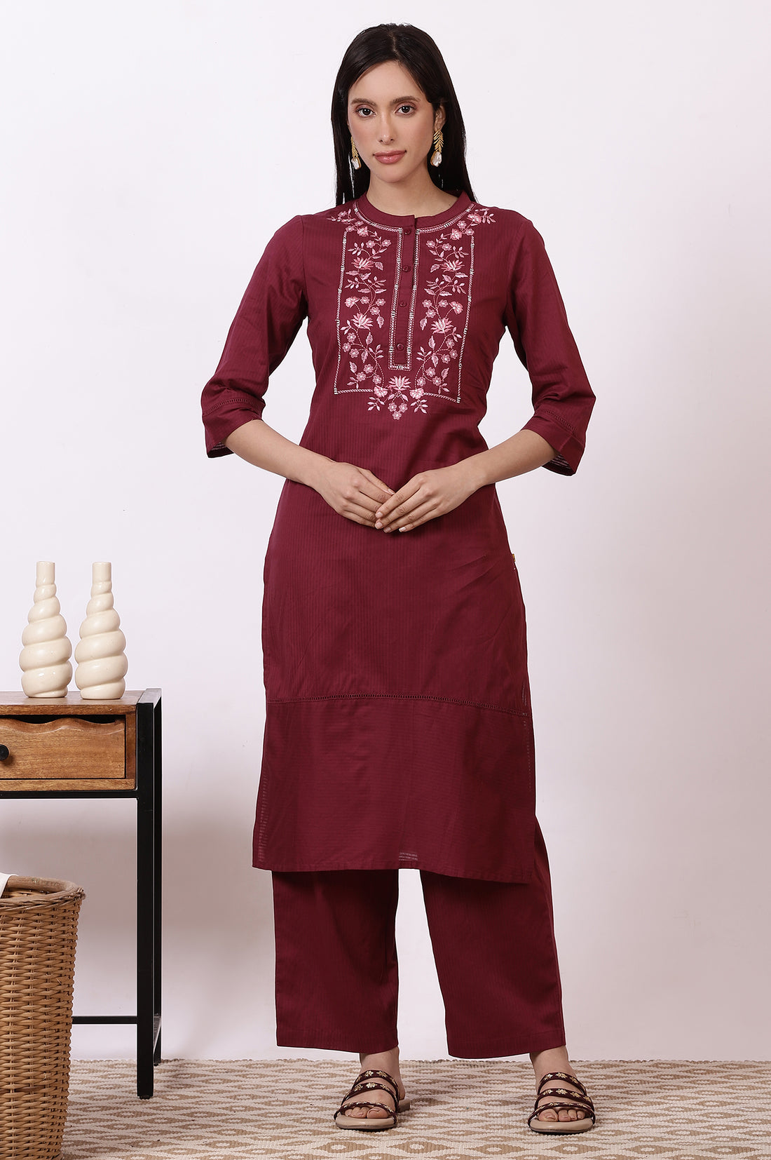 Maroon Embroidered Yoke Pure Cotton Straight Kurta and Pants Set