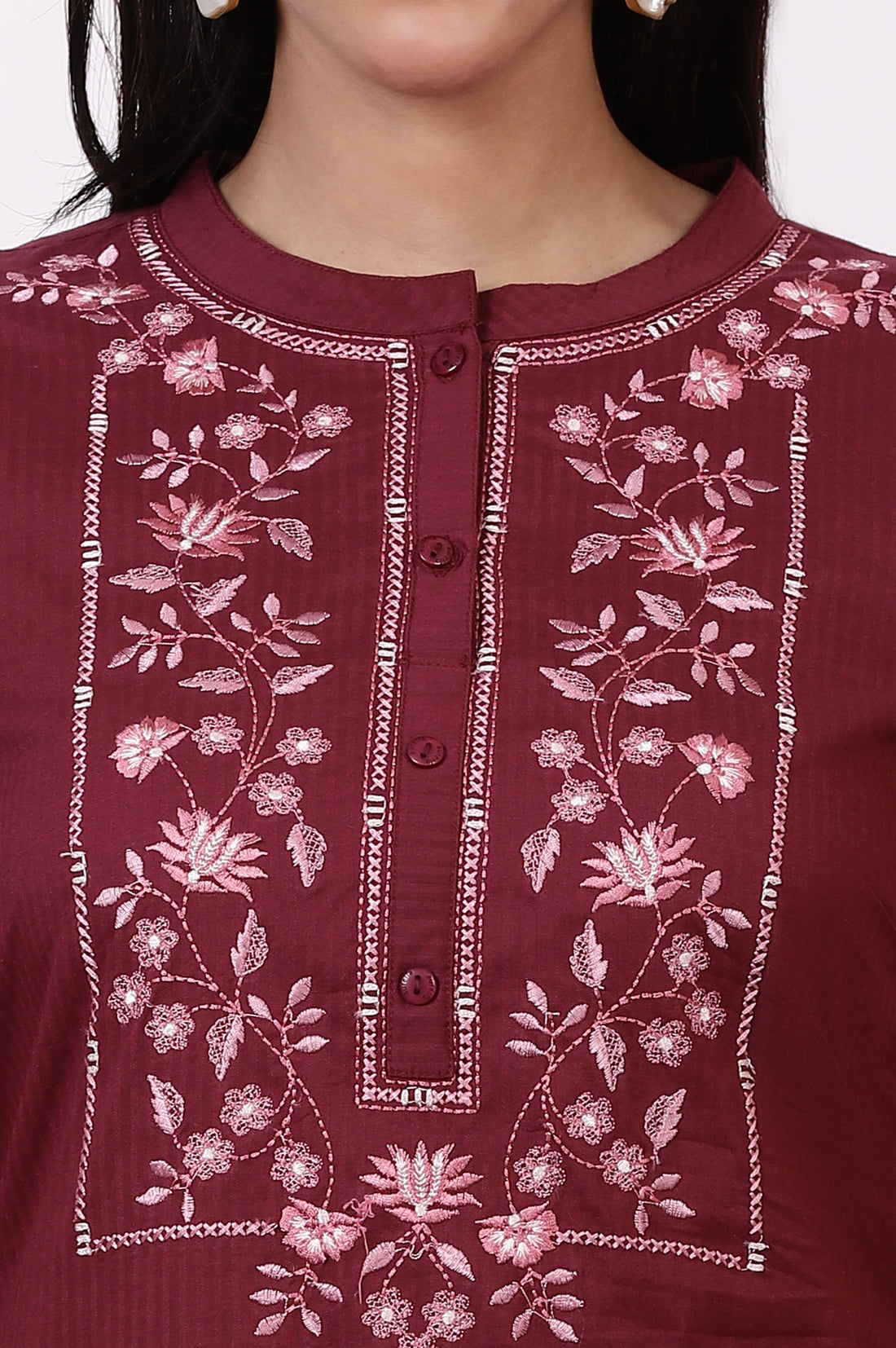 Maroon Embroidered Yoke Pure Cotton Straight Kurta and Pants Set
