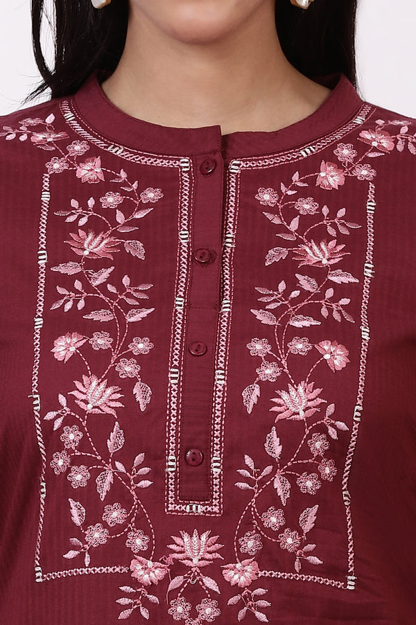 Maroon Embroidered Yoke Pure Cotton Straight Kurta and Pants Set