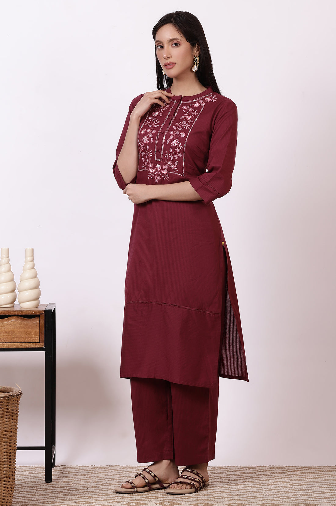 Maroon Embroidered Yoke Pure Cotton Straight Kurta and Pants Set