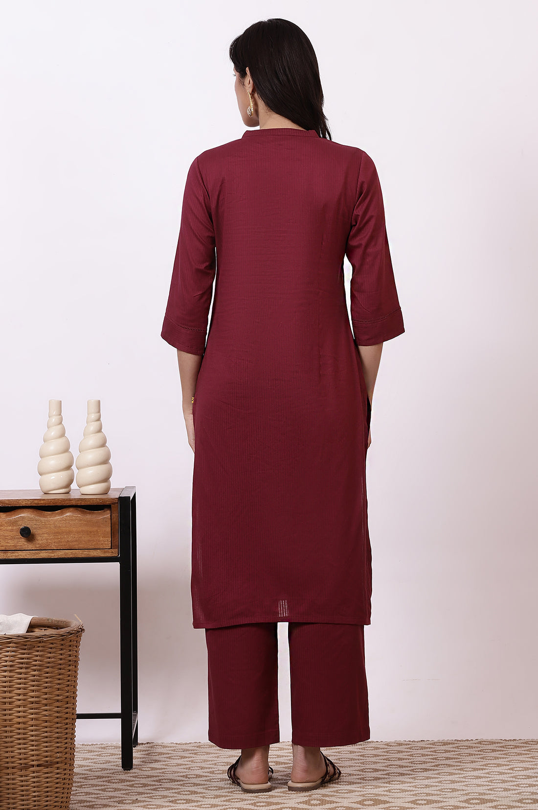 Maroon Embroidered Yoke Pure Cotton Straight Kurta and Pants Set