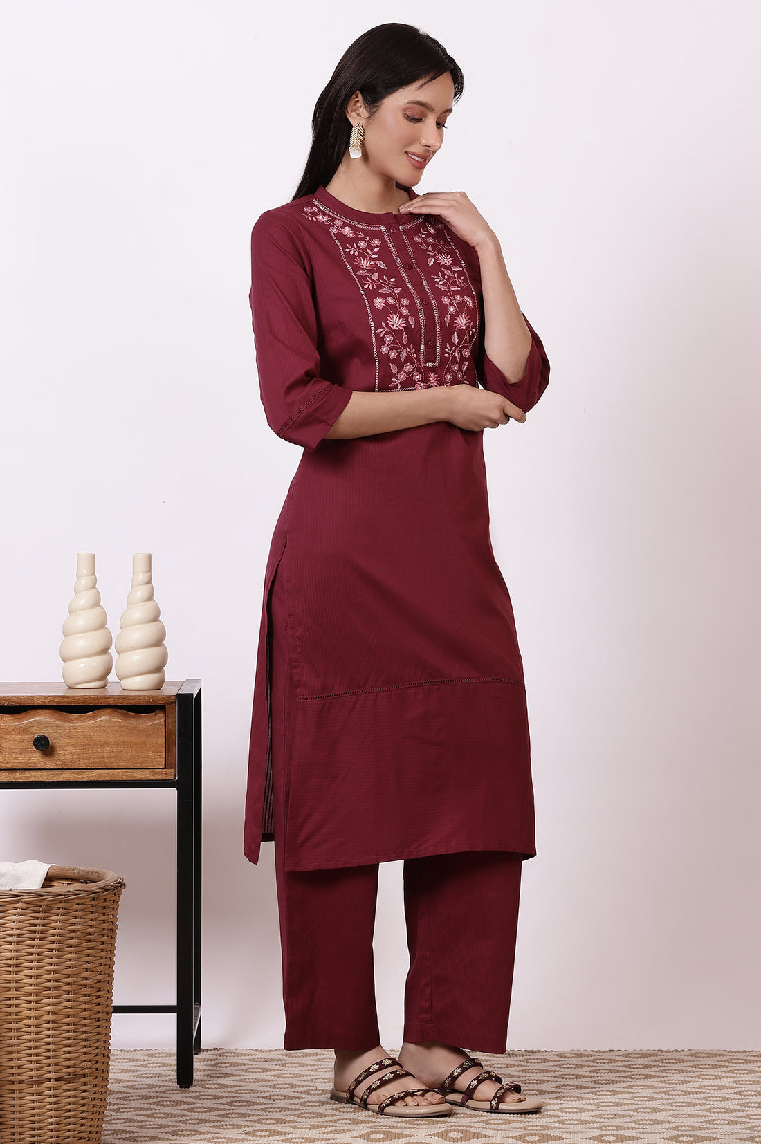 Maroon Embroidered Yoke Pure Cotton Straight Kurta and Pants Set