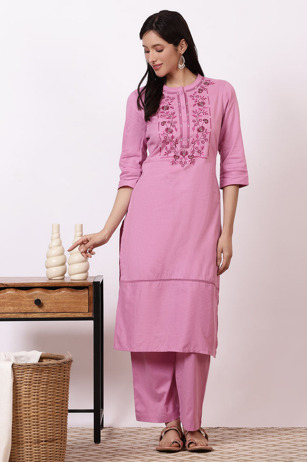 Pink Embroidered Yoke Pure Cotton Straight Kurta and Pants Set