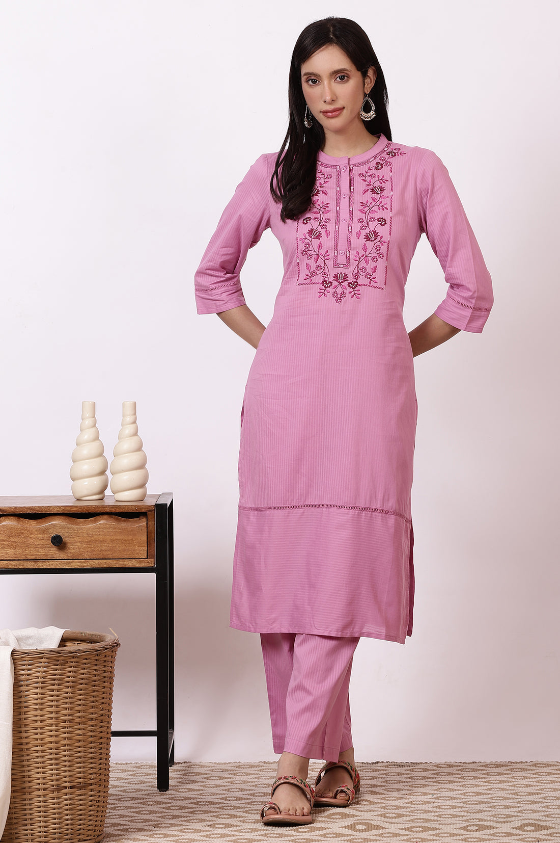 Pink Embroidered Yoke Pure Cotton Straight Kurta and Pants Set