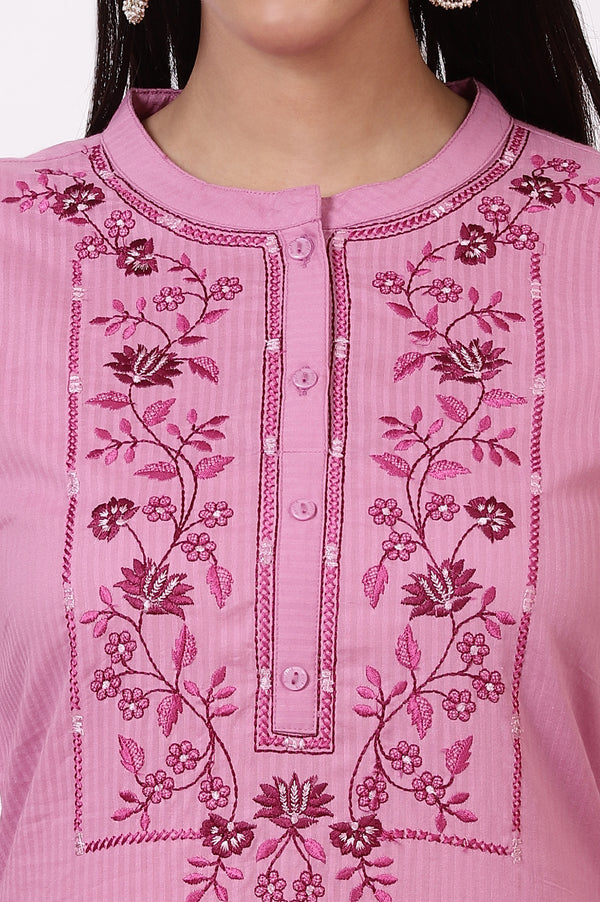 Pink Embroidered Yoke Pure Cotton Straight Kurta and Pants Set
