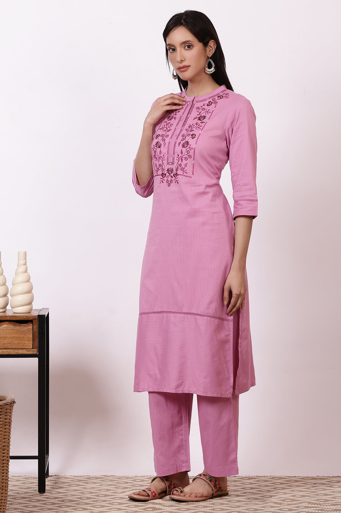 Pink Embroidered Yoke Pure Cotton Straight Kurta and Pants Set