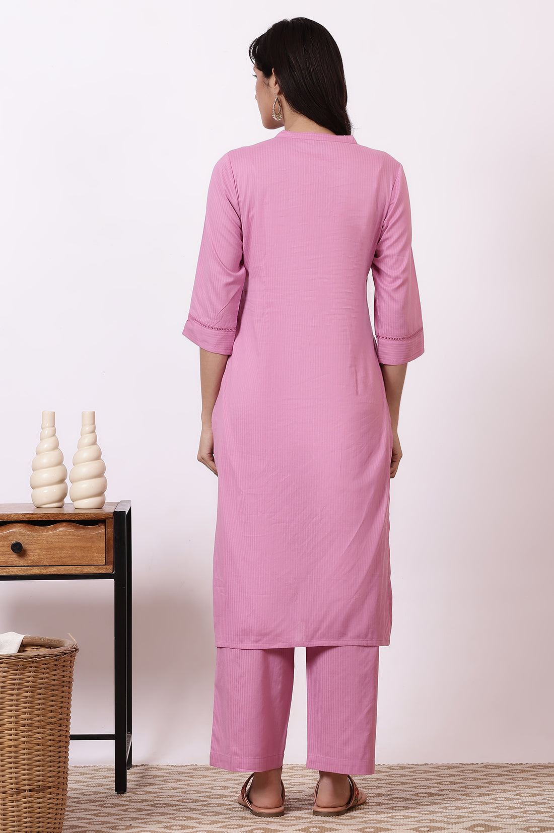 Pink Embroidered Yoke Pure Cotton Straight Kurta and Pants Set
